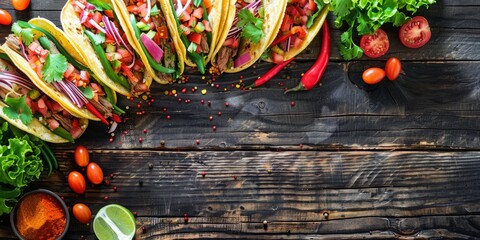 Fototapeta premium Delicious Spread of Colorful Fresh Tacos with Assorted Vegetables and Spices on Wooden Table