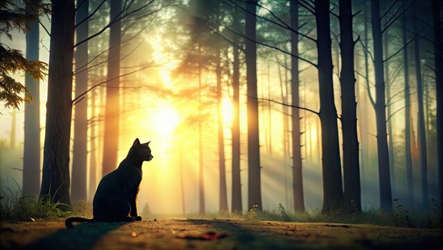 Silhouette of a cat sitting in a forest , nature, feline, wildlife, outdoors, animal, woodland, silhouette, pet, mysterious