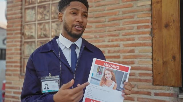 African american man in uniform holding a missing person flyer against a brick wall background in an urban environment.