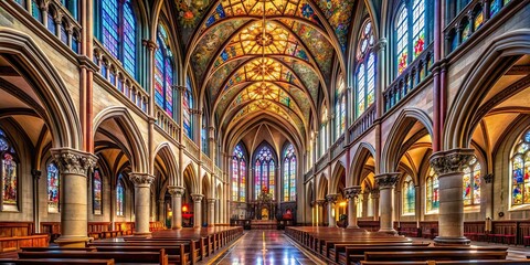 Obraz premium Majestic cathedral interior with soaring ceilings and stained glass windows, cathedral, church, architecture, religious