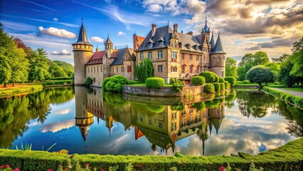 Obraz premium Majestic castle surrounded by lush greenery and a moat, medieval, fortress, royal, architecture, historic, kingdom