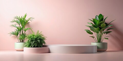 Minimalist podium with green plants on a light pink background for rendering