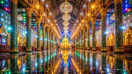 Fototapeta premium Mystical Wat Tha Sung with glittering glass halls and spiritual ambiance, ancient, Chinese style, painting