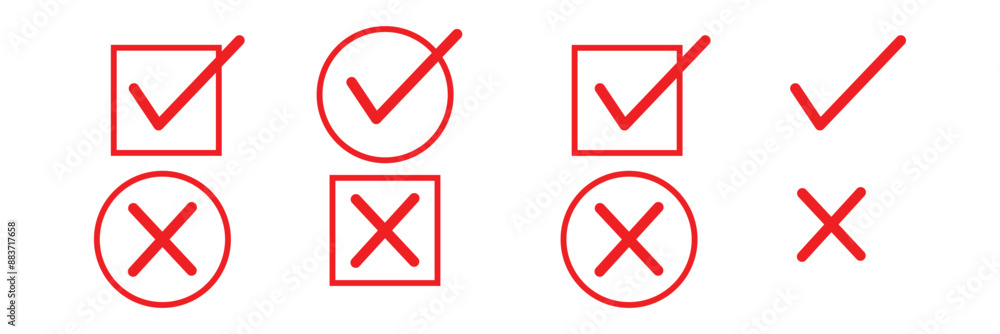 Poster red check mark and cross x mark icon vector. yes, right, no sign. set of red check box with yes and 