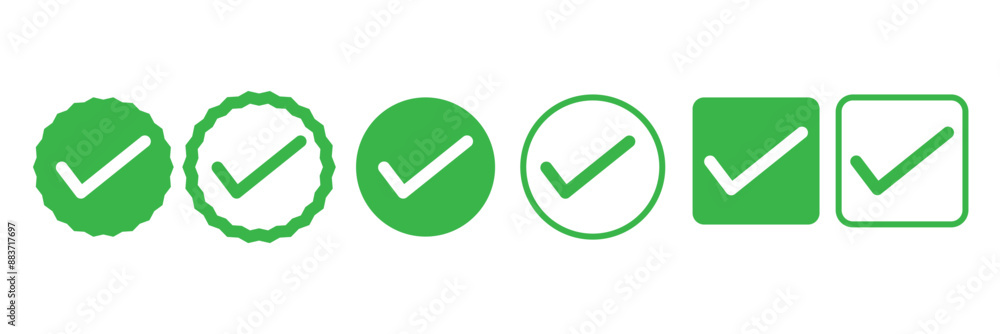 Poster green check mark icons in a circle and square.. tick mark icon in a circle and square symbols. yes, 