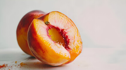 Single slice of peach nectarine fruit with seed on white wall,
Top view peach on table

