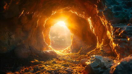 Exploring a Magical Gold Mine Tunnel with Glittering Jewels Concept Magic Exploration Gold Mine Glittering Jewels Adventure,
A cave with a light at the bottom

