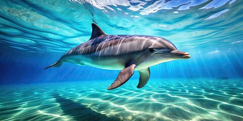 Dolphin swimming gracefully in crystal clear blue water, dolphin, marine life, mammal, underwater, ocean, wildlife