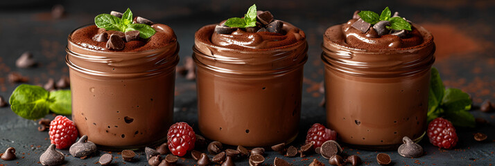 A plate of desserts including raspberry, raspberry, raspberry, and raspberry,
A row of chocolate mousse cups with raspberries on top.

