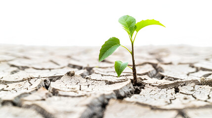 Cracked earth in the desert and one plant,
A small tree growing out of a crack in the ground

