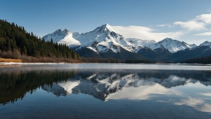 Naklejka premium Snowcapped peaks reflect in a serene lake, showcasing majestic nature and tranquil wilderness