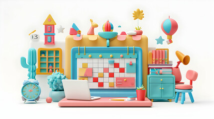 Creative Event Planner Workspace   3D Flat Icon of Calendar and Laptop in Whimsical Office Setting   Unique Business Meeting Atmosphere   Isolated White Background