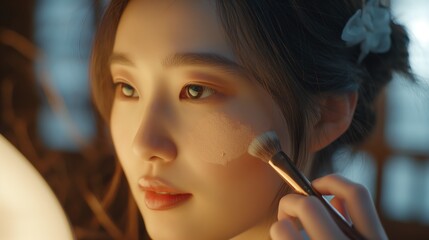 Fototapeta premium Close up of makeup artist applying light layer of matting powder while using professional brush for lady