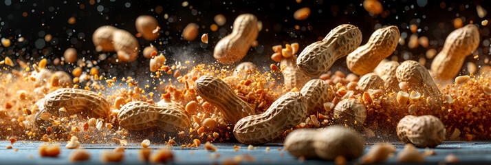 fireworks in the city,
Flying peanuts in a wooden bowl on a rustic wooden background
