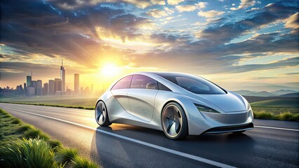 Futuristic clean energy car on the road, electric, vehicle, automobile, eco-friendly, green energy