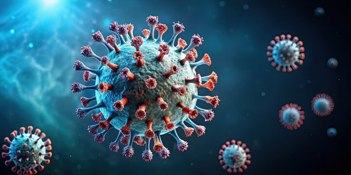 rendered of a virus, virus, microscopic, infection, disease, biology, science, healthcare, pandemic, illness
