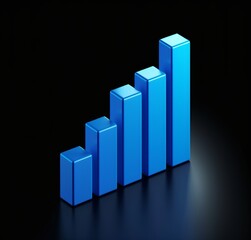 Blue growth chart on black background, 3D icon illustration. Business, finance, and stock market concept design.
