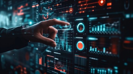 young business man pointing to data analytics of AI technology in dark background