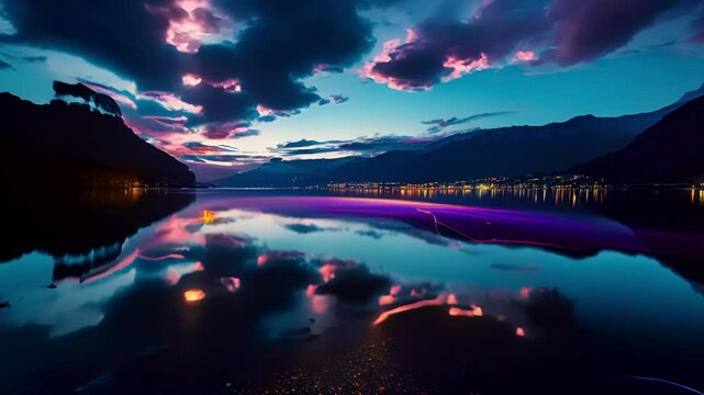 The vibrant hues of the car light trails infuse the tranquil lakeside setting with a burst of energy and vitality.