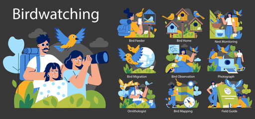Fototapeta premium Birdwatching. Flat Vector Illustration