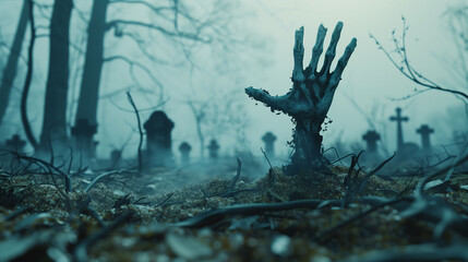 A decayed hand breaking through the soil in a misty graveyard at dusk, surrounded by eerie fog