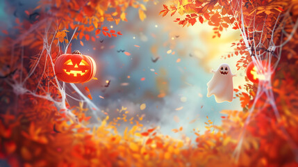 A festive Halloween party border with colorful jack-o'-lanterns, cobwebs, and ghostly figures framed by autumn foliage