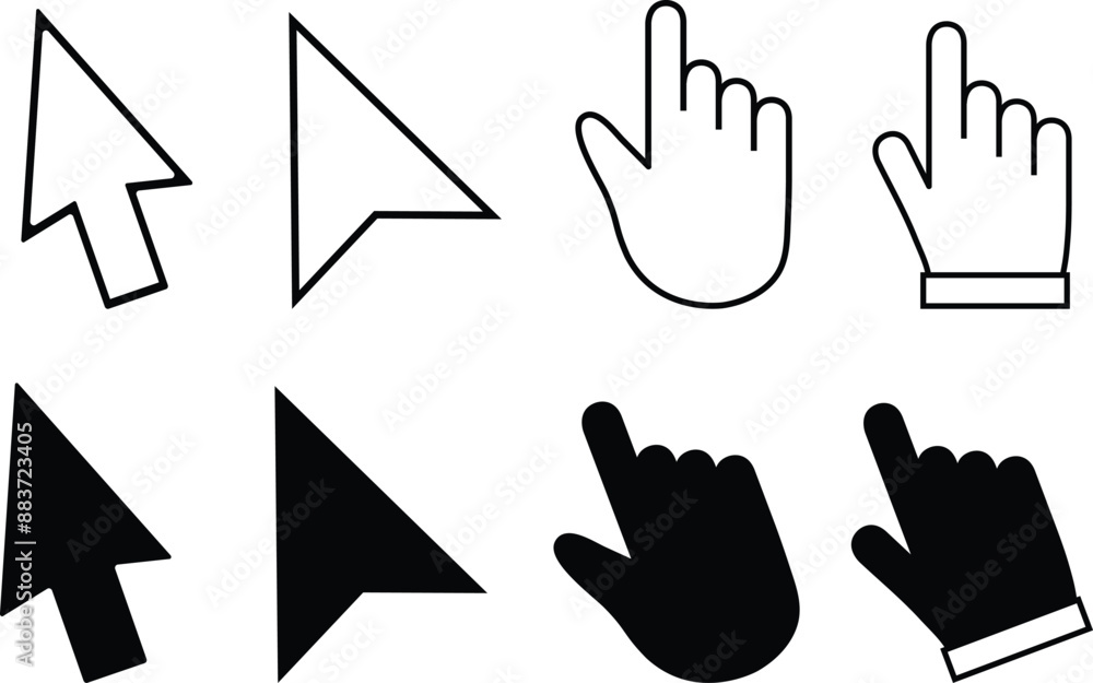 Poster black arrows and hands cursors symbol. stroke outline hand clicks and clicking cursor art. vector il