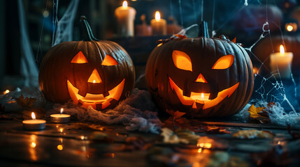 A Halloween party border featuring carved pumpkins, spider webs, and flickering candles against a dark background