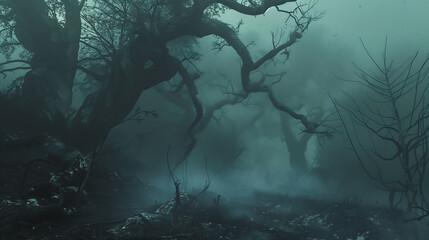A haunted forest scene with thick fog, twisted trees, and ghostly figures lurking in the shadows