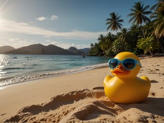 Obraz premium Rubber Duck Wearing Sunglasses Relaxing on a Tropical Beach