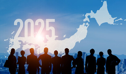 日本と多国籍の人々　2025年新年イメージ　ビジネス向け年賀状素材