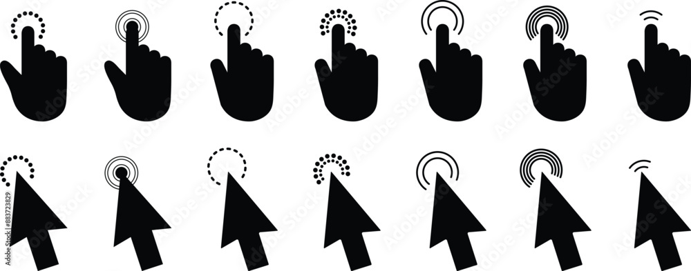 Poster black arrows and hands cursors symbol. pointing hand clicks and clicking cursor, website arrows or h
