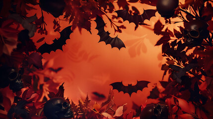 A spooky Halloween border with black bats, skulls, and autumn leaves, illuminated by a ghostly glow