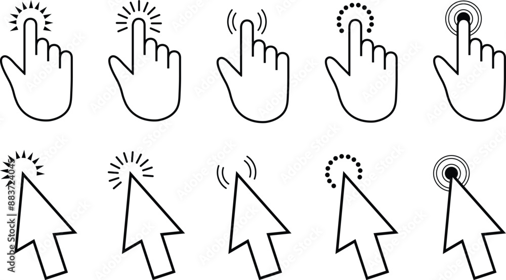 Poster arrows and hands cursors symbol. pointing hand clicks and clicking cursor. website arrows or hands c