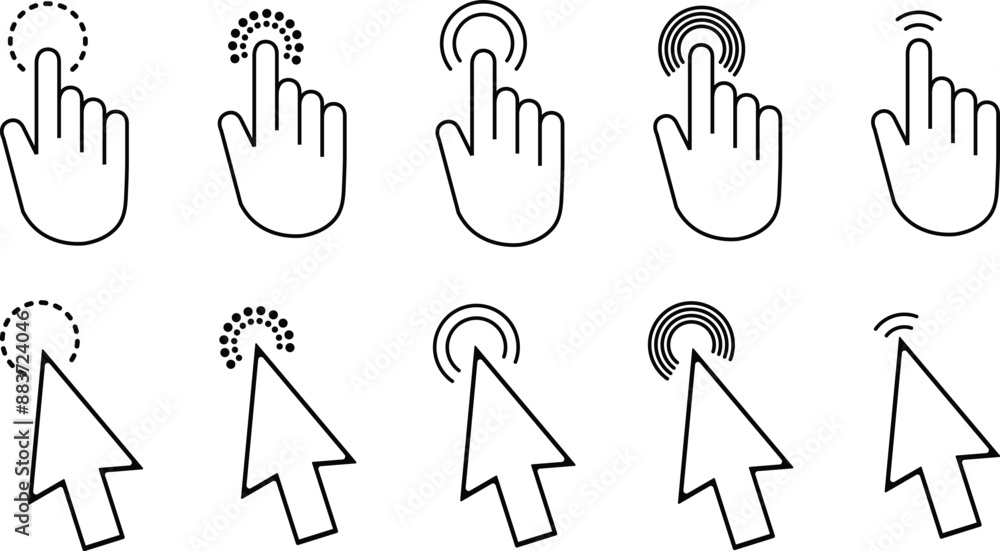 Poster Arrows and hands cursors symbol. Pointing hand clicks and clicking cursor. Website search symbols vector illustration.