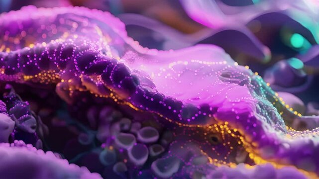 A closeup image of the cell membrane of a hepatocyte illustrated by fluorescent probes displaying the selective permeability that allows for toxin removal from the stream.