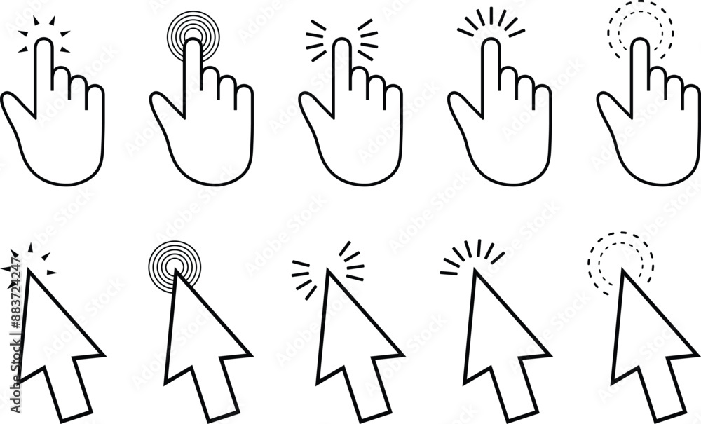 Poster Arrows and hands cursors symbol. Pointing hand clicks and clicking cursor art. Website arrows or hands cursors symbol vector illustration.
