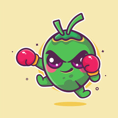 funny coconut fruit character mascot playing kickboxing sport isolated cartoon in flat design
