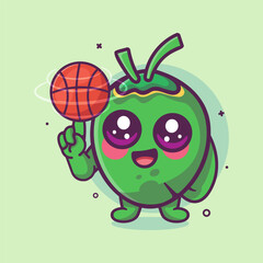 cheerful coconut fruit character mascot spinning basketball ball isolated cartoon
