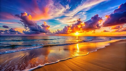 Fototapeta premium Vibrant sunset at a serene beach , sunset, beach, ocean, sky, horizon, colors, waves, peaceful, tranquil, beautiful, nature