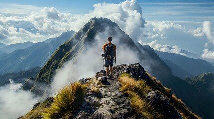 Tourist man hiker on top of the mountain. Active life concept. 