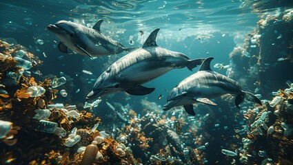 Dolphins Gracefully Navigating Through Plastic Pollution Deep Underwater