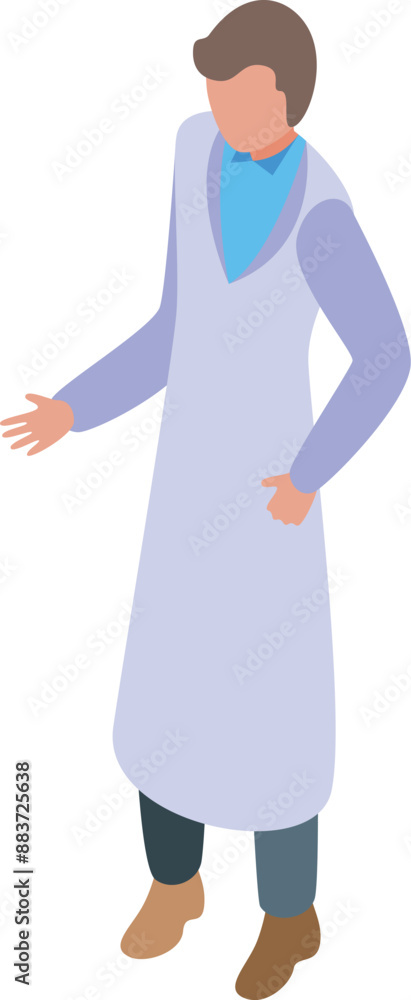 Poster lab assistant wearing a lab coat is gesturing with his hand while making a point during a presentati