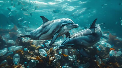 Naklejka premium Dolphins Gracefully Swimming Amidst Ocean Pollution