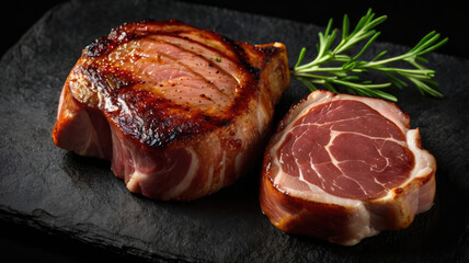 Sliced pork tenderloin with rosemary on black background