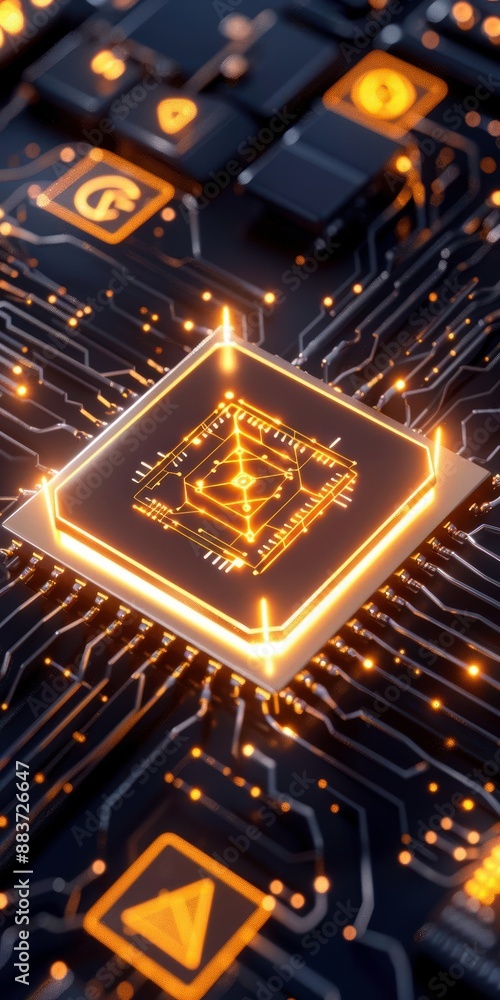 Poster close-up of a glowing microchip on a circuit board, symbolizing advanced technology and digital inno