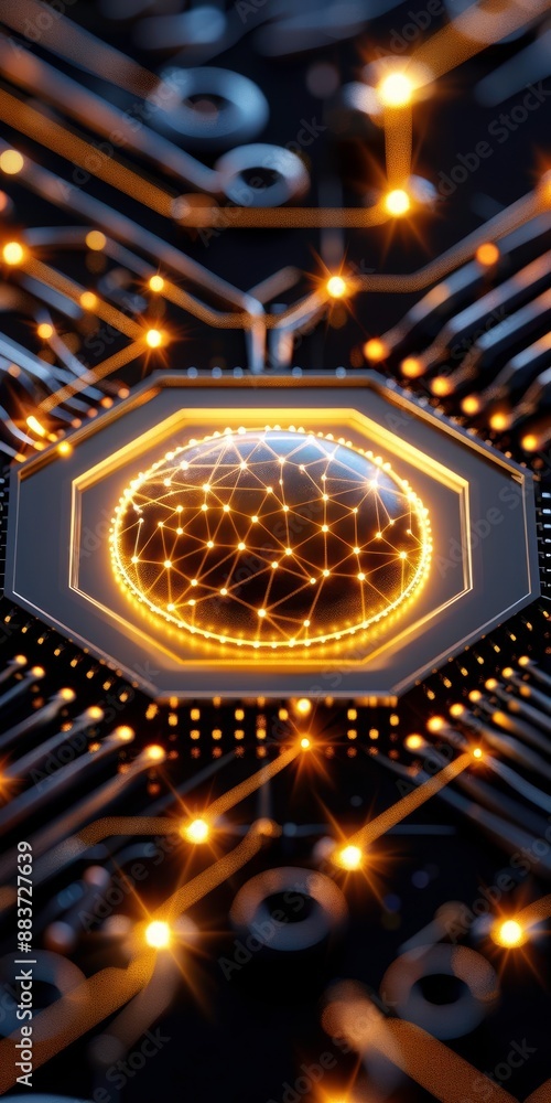 Poster close-up of glowing electronic microchip with intricate circuitry paths, representing advanced techn