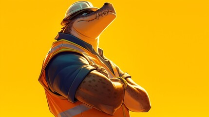 Playful Cartoon Construction Worker Animal in Vest and Hardhat on Minimal Backdrop