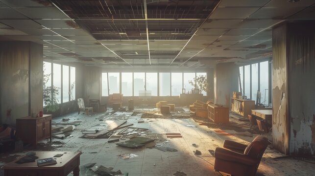 A deserted office building with Cult Party Kei characters exploring, broken furniture, soft lighting