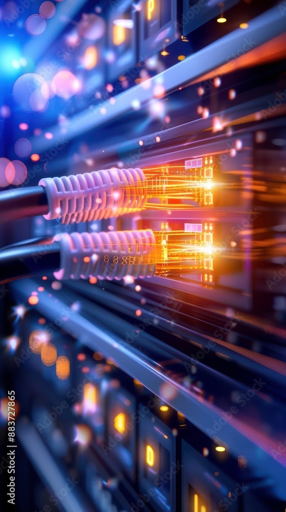 Poster close-up of network cables in a server room with glowing lights, representing high-speed internet an